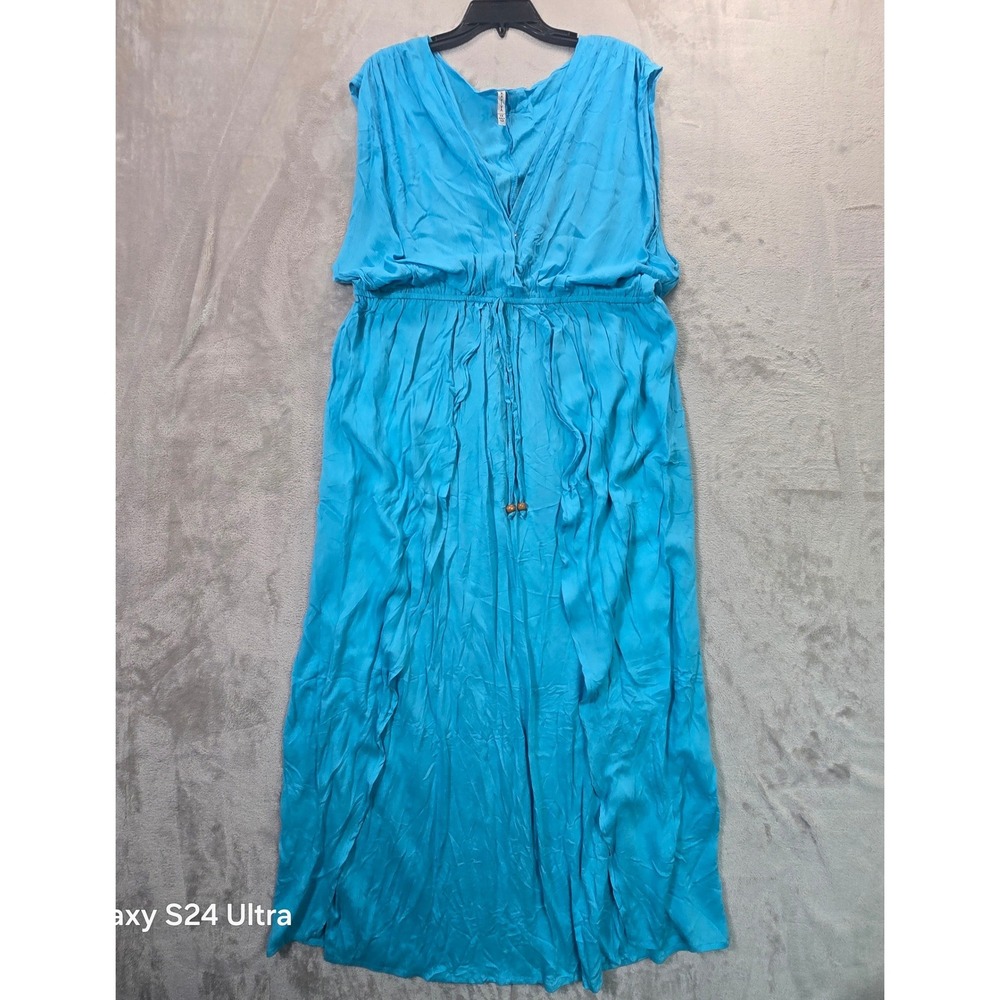 Raviya Turquoise Blue Crinkle Gauze Sleeveless Maxi Dress 1X Boho Beach Coverup